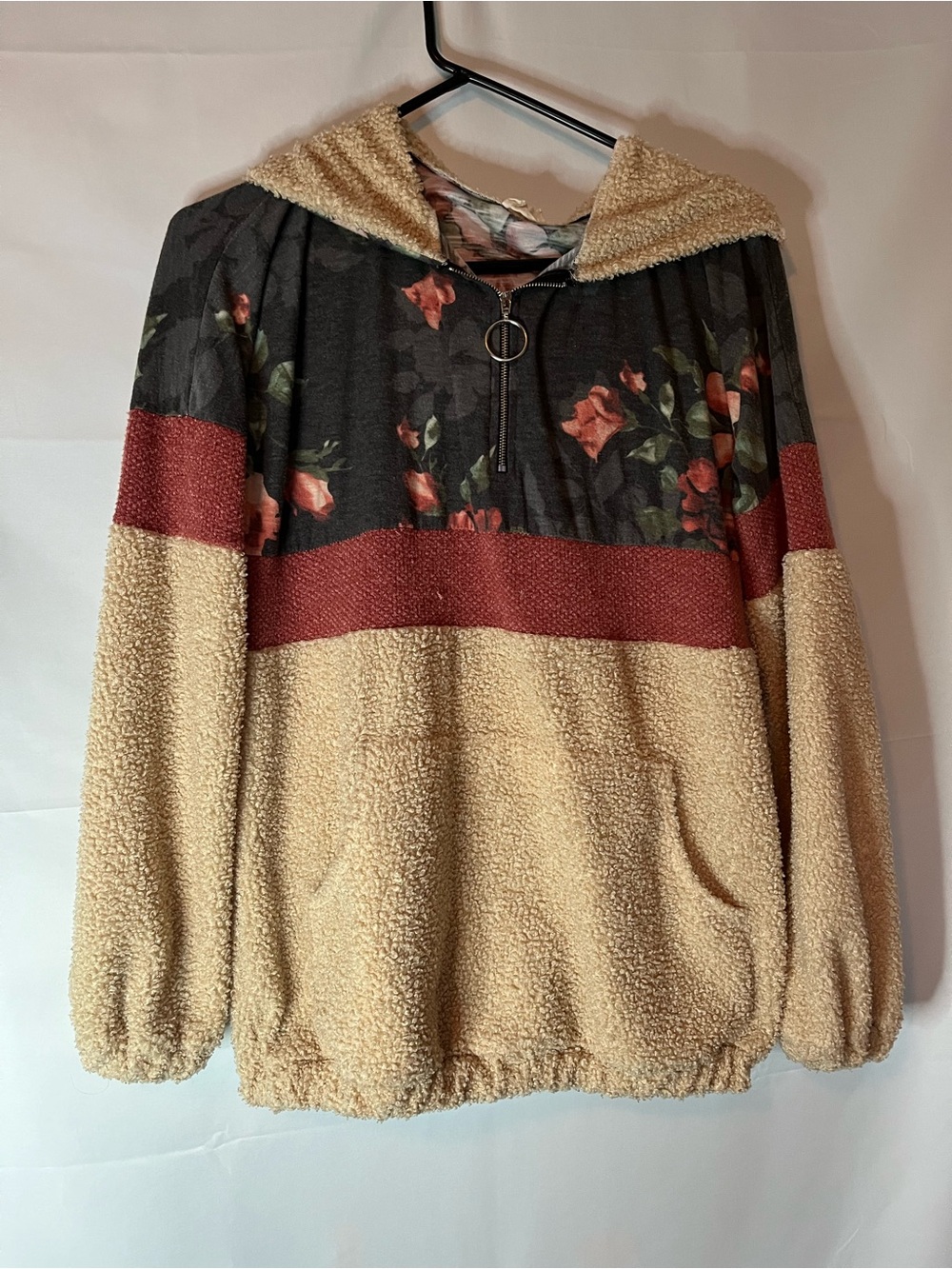 Lovely Melody Floral Sherpa Half-Zip Hoodie in Beige